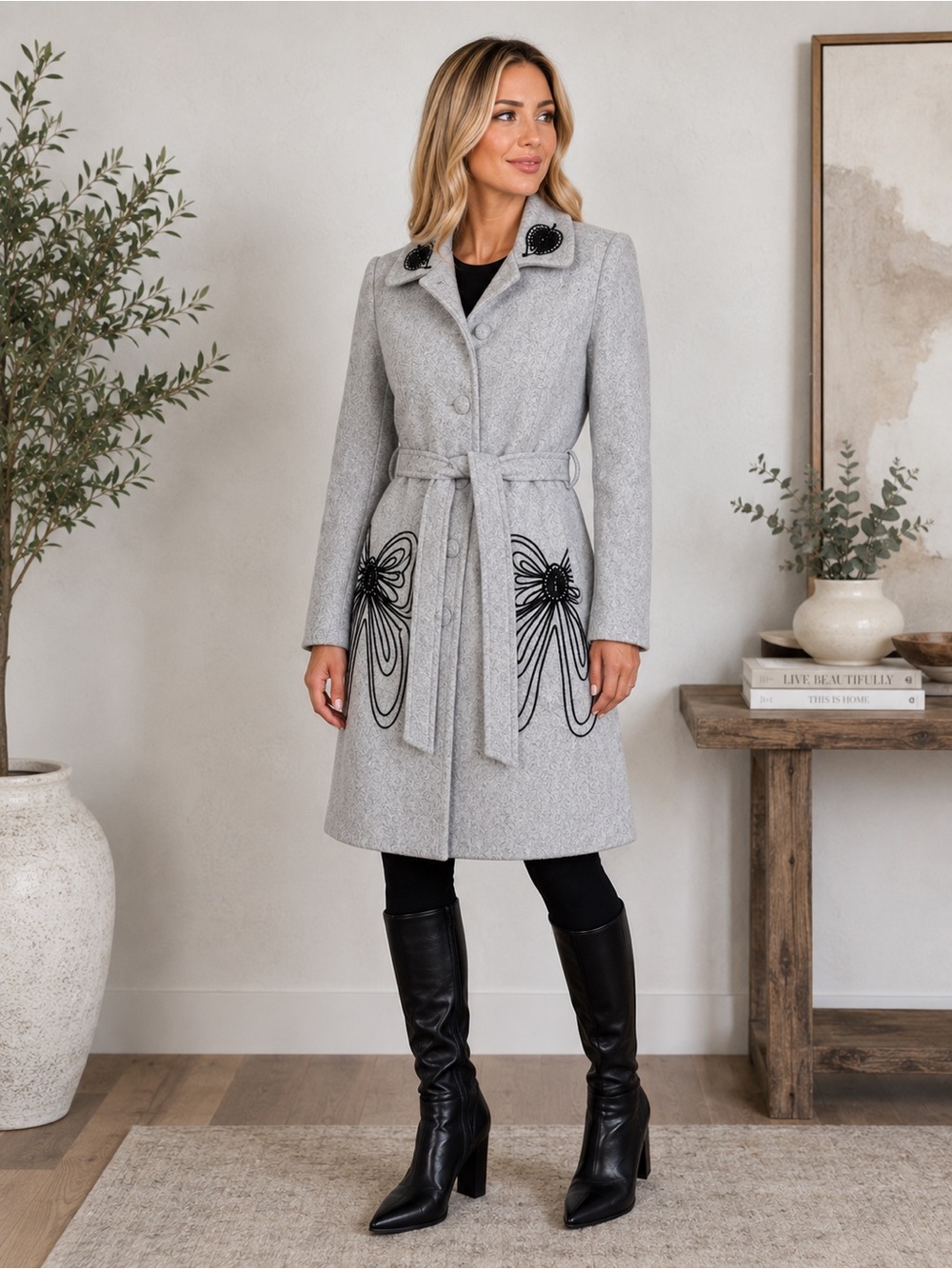 Edward An Wool Embroidered Butterfly Pea Coat Gray Size 4